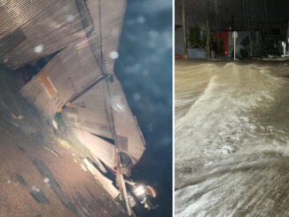 Galpón semi destruido y una calle inundada en Mercedes (Soriano).