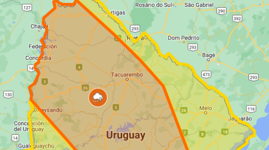 Mapa de la región noroeste de Uruguay bajo alerta naranja por tormentas.