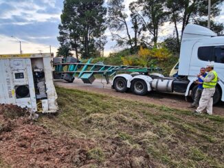 El camión volcó el contenedor que transportaba sobre la faja junto a la ruta.